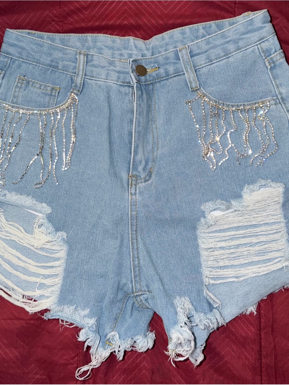 Light Blue Distressed Denim Shorts with Silver Sequin Fringe